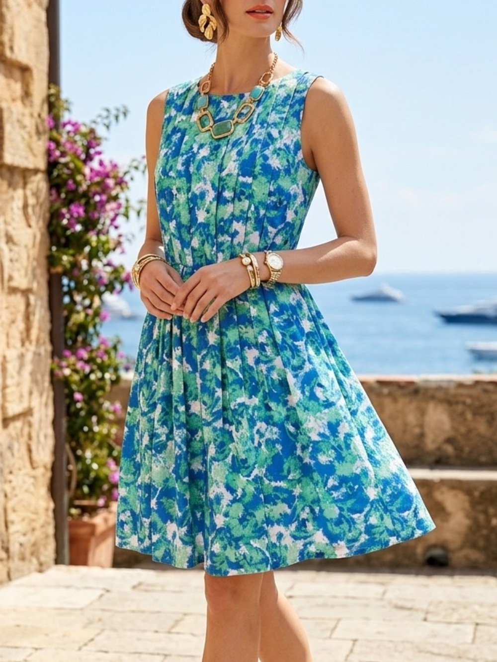 Cato Blue Green Abstract Floral Sleeveless Fit Flare Dress Size 8 Pleated Neck‎